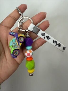 Disney Purple & Green Race Car Keychain with Bead Charm